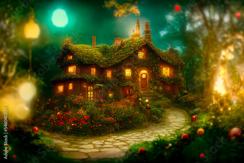 Natural landscape of a fairy tale country, with houses and flowers. Cartoon style. Multi colored fairy lights for the Christmas tree. Advertising for books, illustrations and cartoons. © Sirius1717