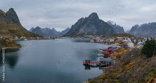 Panorama of the fishing village of Reine, Norway. It is located on the island of Moskenesoya in the Lofoten archipelago, above the Arctic Circle.