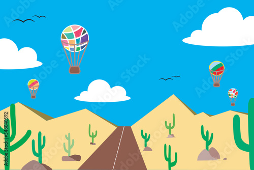 illustration view of road into the mountain with bolloon on the sky and cactus tree. photo