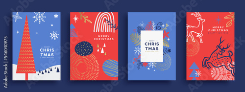 Print op canvas Merry Christmas and New Year winter doodle set card