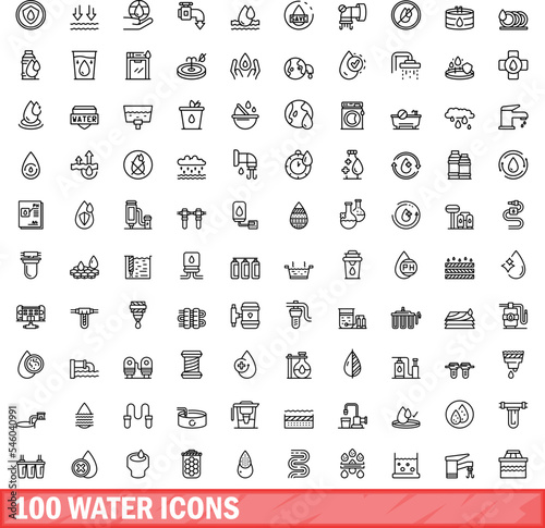 100 water icons set. Outline illustration of 100 water icons vector set isolated on white background