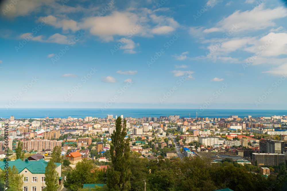 Russia. Dagestan. October 22, 2022. Panorama of the city of Makhachkala from the height of the mountains.