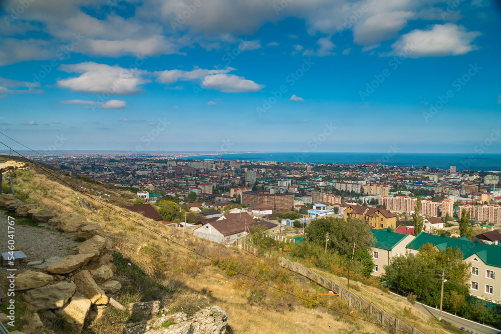 Russia. Dagestan. October 22, 2022. Panorama of the city of Makhachkala from the height of the mountains.