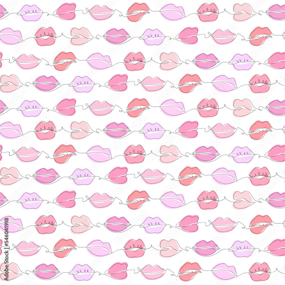 Seamless vector pattern of female lips in one continuous line style. Endless line drawing of colorful lipstick kiss on white background. Us for posters, cards, banner,design element, wrapping, web. Seamless vector pattern of female lips in one continuous line style. Endless line drawing of colorful lipstick kiss on white background. Us for posters, cards, banner,design element, wrapping, web.