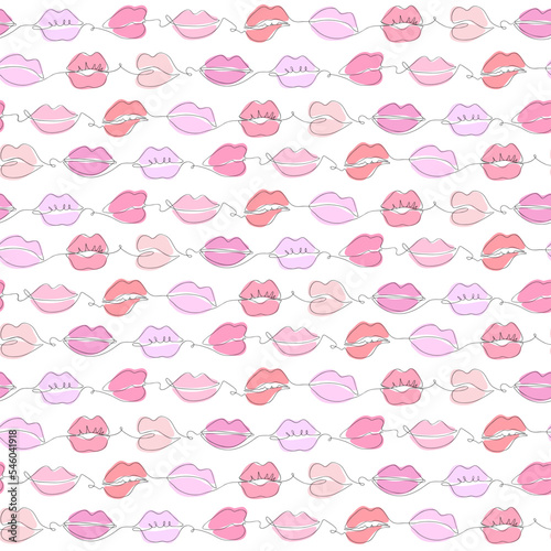 Seamless vector pattern of female lips in one continuous line style. Endless line drawing of colorful lipstick kiss on white background. Us for posters, cards, banner,design element, wrapping, web.