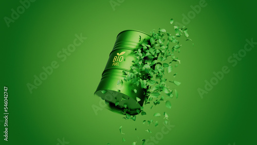 Green Leaves spin and form barrel of biofuel or biodiesel drums. Sustainable energy concept. 3d render illustration photo