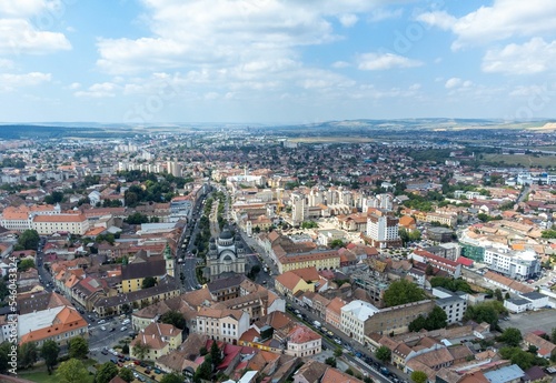 Canvas Print Aerial cityscape with buildings and street, Targu Mures city - Romania