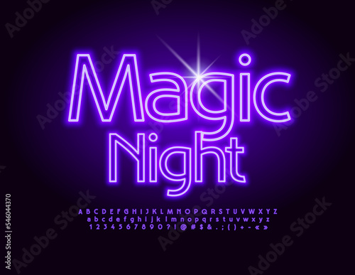 Vector glowing flyer Magic Night. Violet electric Font. Stylish Neon Alphabet Letters and Numbers set