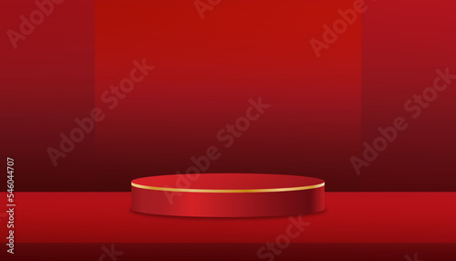 3D display cylinder podium on red wall background,Vector luxury studio backdrop scene with circle stage stand for Valentine, Chinese new year,Christmas,Mid Autumn Festival for product presentation