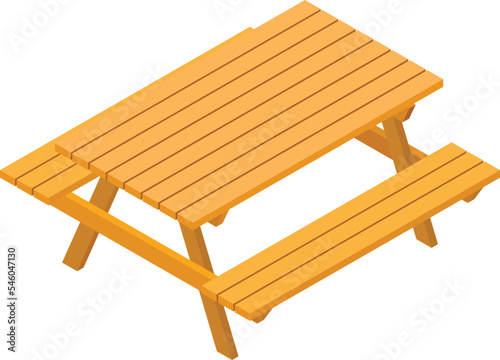 Outdoor furniture icon isometric vector. New wooden table and two benche icon. Rest at nature, recreation
