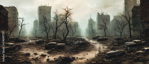 Concept illustration of a destroyed city after war, background illustration. photo