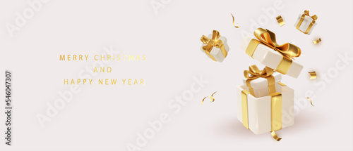 Christmas and New Year greeting card with transparent balls and confetti