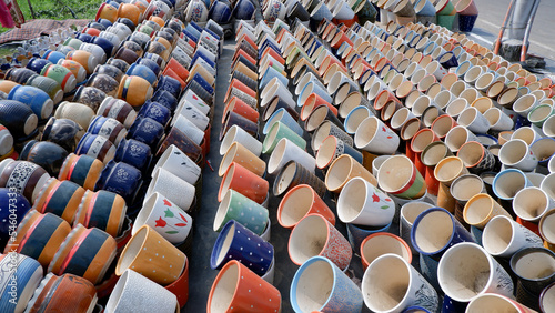 Colorful potteries made by clay for sale.