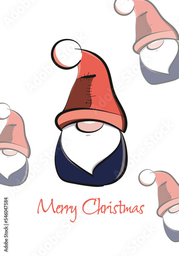 Christmas vector card with a cartoon dwarf in a Christmas hat. Christmas printing of cards and posters