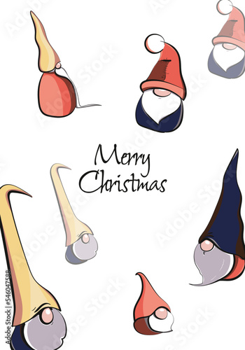 Christmas vector card with cartoon dwarves in big hats. Christmas printing of cards and posters