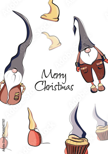 Christmas vector card with cartoon dwarves in big hats. Christmas printing of cards and posters