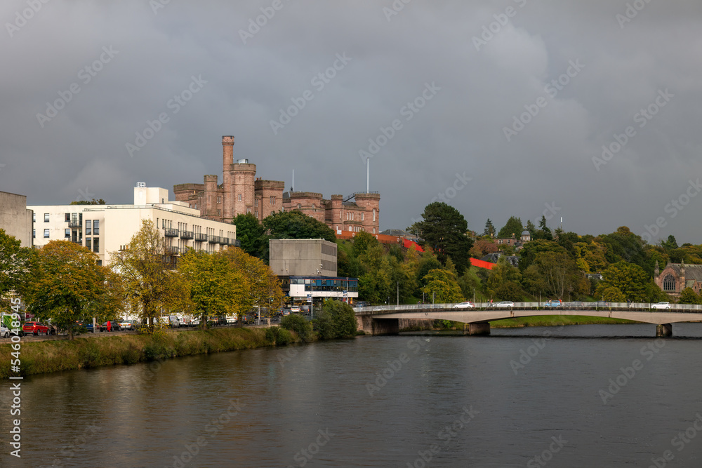 17 October 2022. Inverness,Highlands and Islands,Scotland. This is a scene around the River Ness in the City Centre showing the Castle, Restaurants and Hotels. 