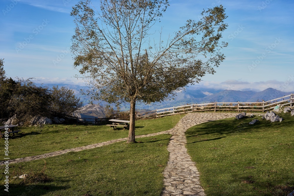 Beautiful shot of Asturian landscape, Covadonga, Spain with blue sky