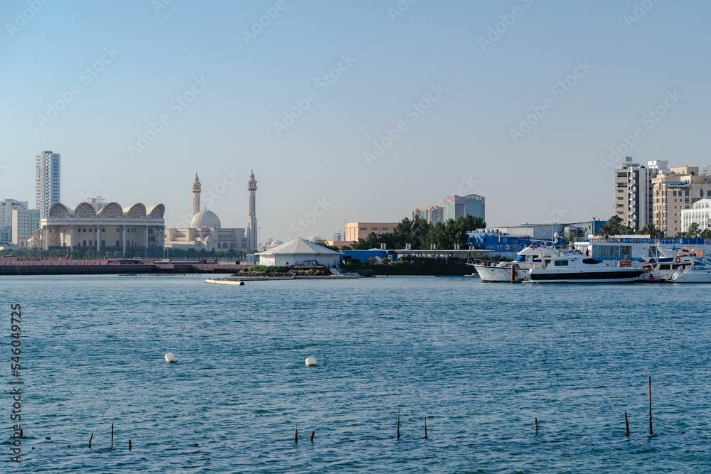 View of Bahrain skyline and Masjid Al Fateh on daytime