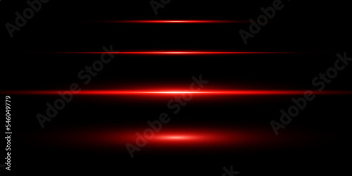 Red horizontal lens flares pack. Laser beams, horizontal light rays.Beautiful light flares. Glowing streaks on dark background.