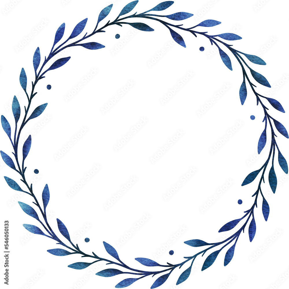 Blue watercolor wreath. Round watercolor frame with leaves for wedding invitations, posters, greeting cards, web.