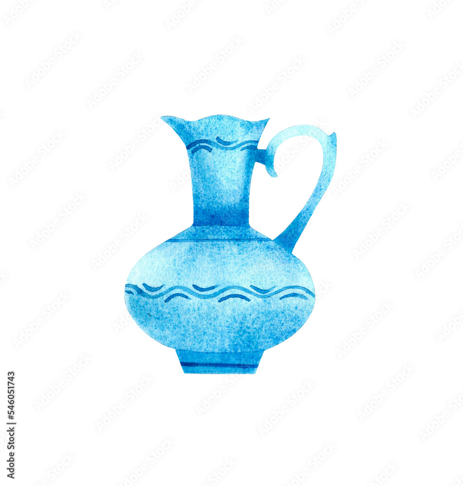 Blue jug with handle. Watercolor illustration.