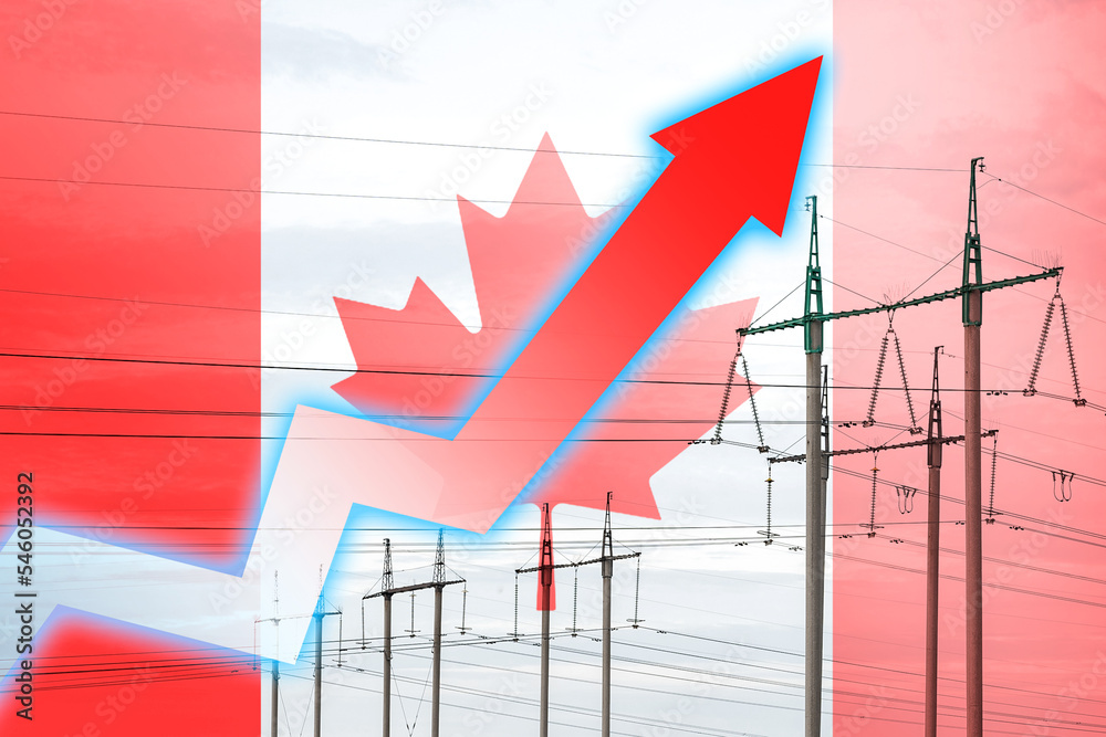 Fototapeta premium Power line and graph on background of the flag of Canada. Energy crisis. Concept of global energy crisis. Increase in electricity consumption. Arrow on the chart moves up