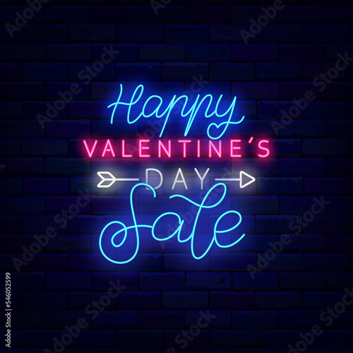 Valentines Day Sale neon signboard. Banner on brick wall. Special offer. Handwritten banner. Vector stock illustration