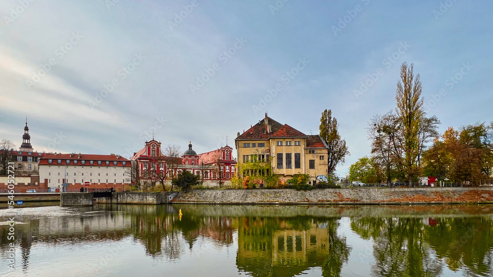 River in the city. Panorama of the town. The historic architecture of the old town. Historic buildings on the banks of the river. The center of the old town. Wroclaw, Poland.
