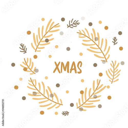Christmas wreath andChristmas decorative element with fir branch, golden polka dot confetti. Cute cozy decoration graphic element isolated on transparent background in PNG. Winter holiday design. photo