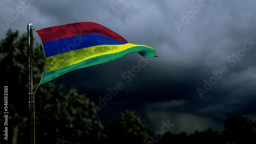 Mauritius flag for state holiday on dark storm cumulus clouds - abstract 3D rendering