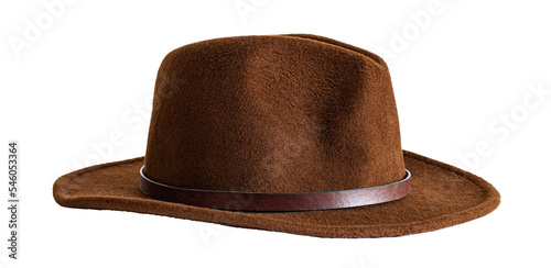Side view of a brown leather cowboy hat isolated on blank background.