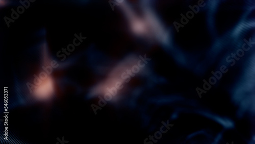 Dark bokeh teal or blue metal shapes backdrop with orange light - abstract 3D illustration