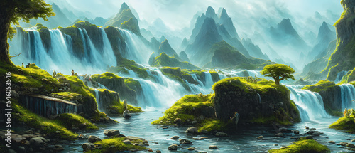 Artistic concept illustration of a waterfall landscape  background illustration.