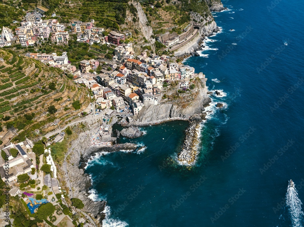 Aerial view of the Cinque Terre the (Five Lands) a coastal area within Liguria, Italy