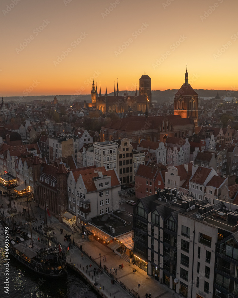 Gdansk city evening aerial view
