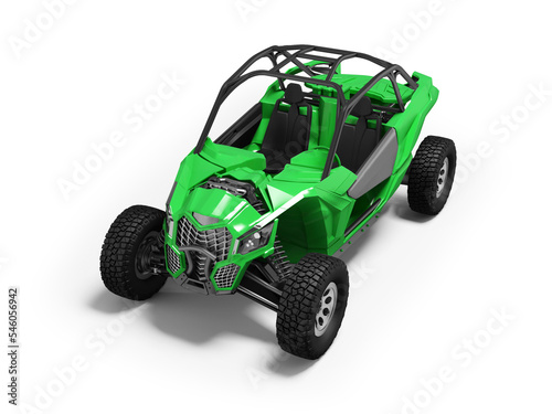 3d illustration perspective view of green rally car on white background with shadow