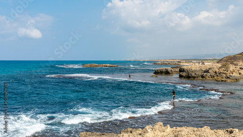 Panoramic view of Dor Beach National Park at the end of Summer early Autumn. People enjoying the last warm days of Autumn. 