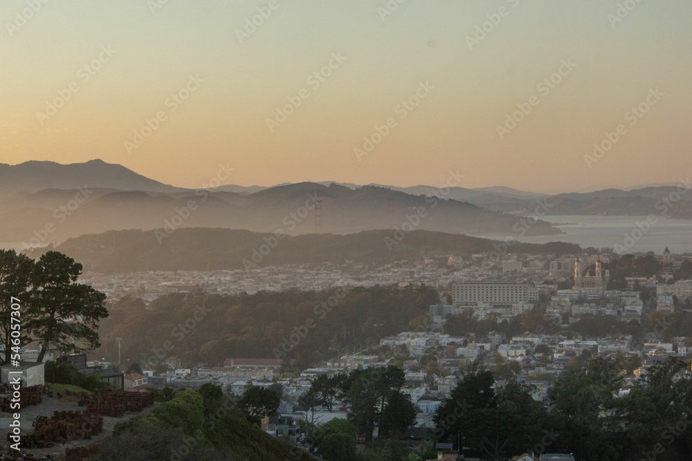 Aerial view of San Francisco skyline at sunset in California, USA