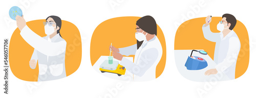 Grupo de ilustraciones en vectores de médicos químico biologos, trabajando en el laboratorio, en bata y mascarilla. 