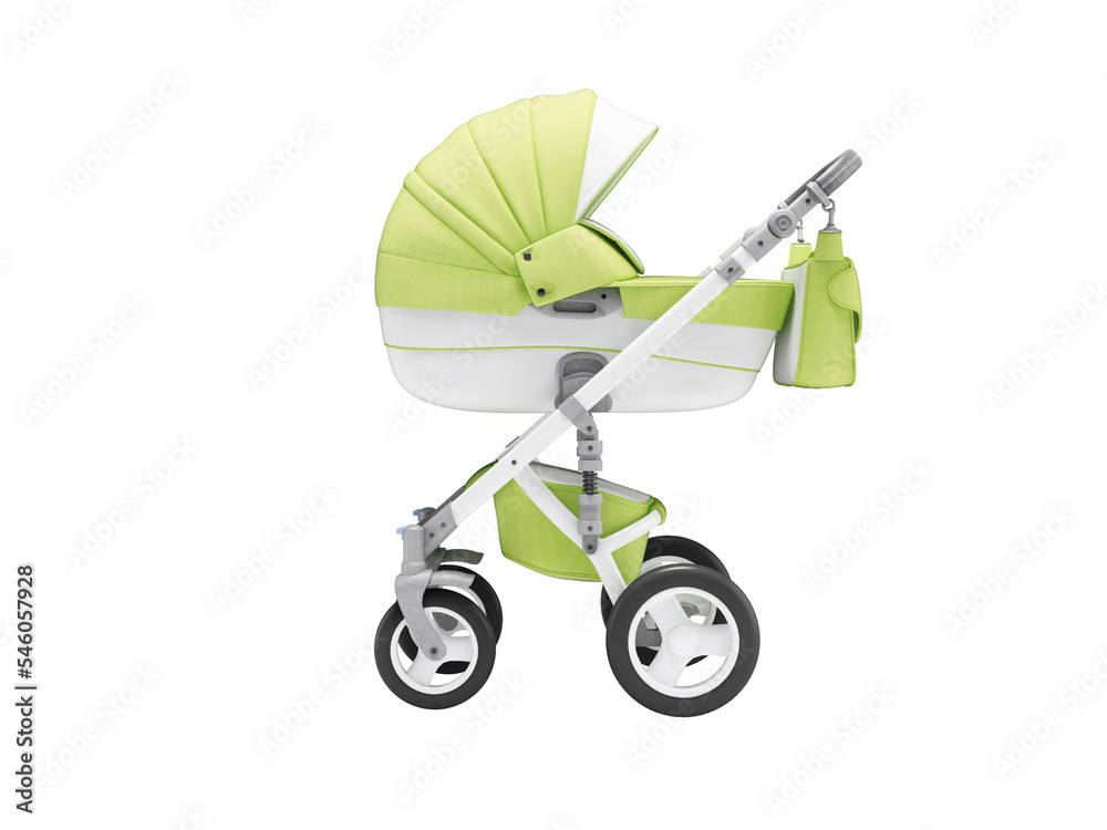 3d illustration of baby carriage cradle with basket for walks with light green inserts on white background no shadow