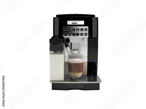 3D illustration of automatic coffee machine and mug of cappuccino on white background no shadow