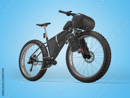 3d illustration of black mountain sports bike for extreme travel on blue background with shadow