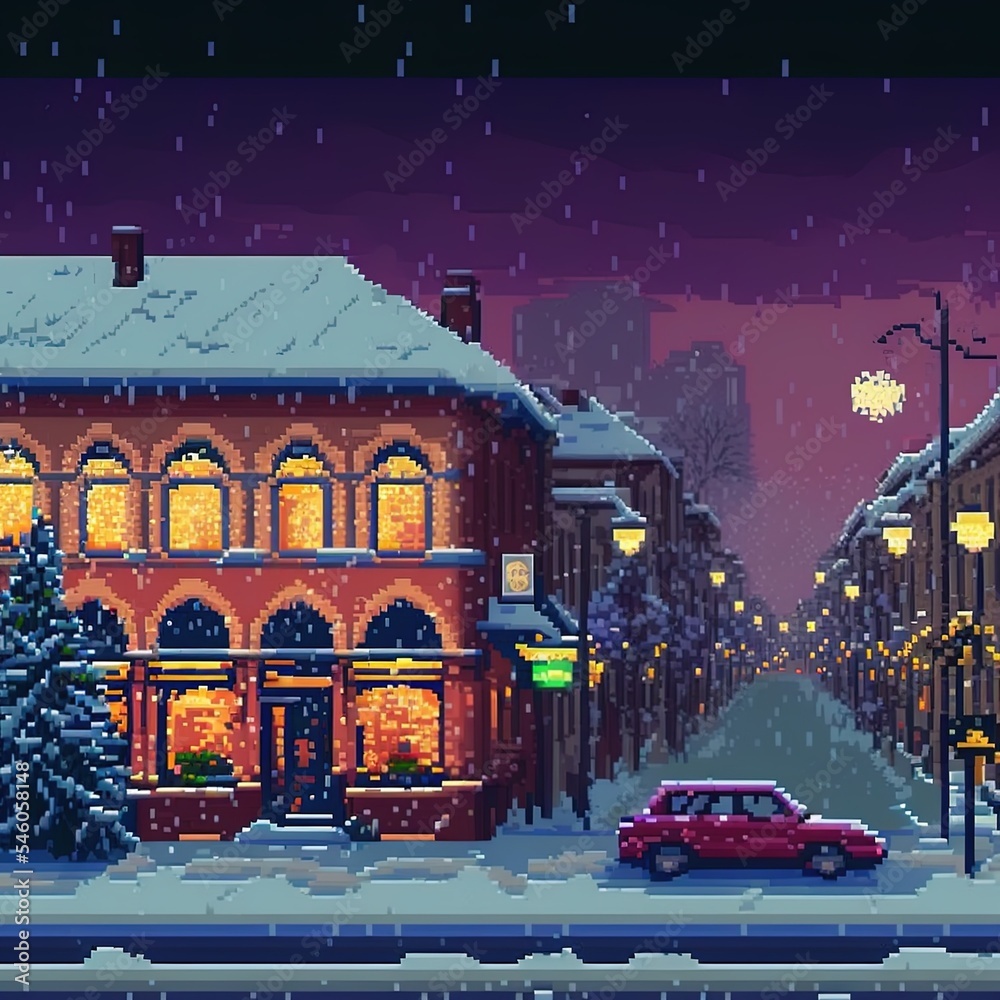 Pixel Christmas snow evening on a old cozy city street. Snowfall. Warm ...