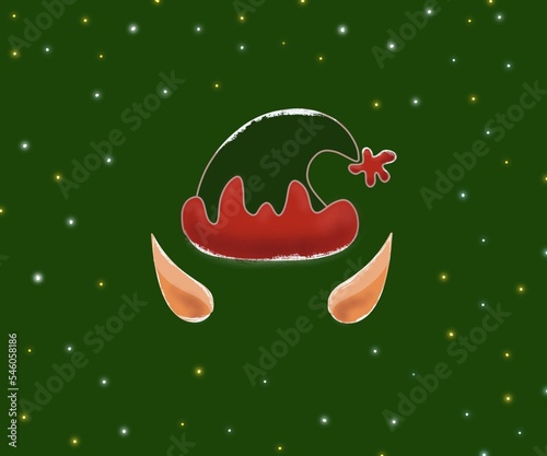 Little Santa Claus helper Christmas elf ears and hat on green starry background illustration