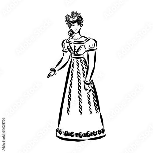 Hand-drawn simple vector drawing in black outline. Lady in vintage dress. Historical fashion. Ink sketch.