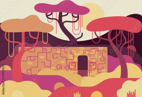 Wall covered with ivy in the jungle, vector cartoon illustration in flat stile