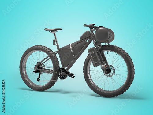 3d illustration of hardtail mountain sports bike for tourism with bags on blue background with shadow