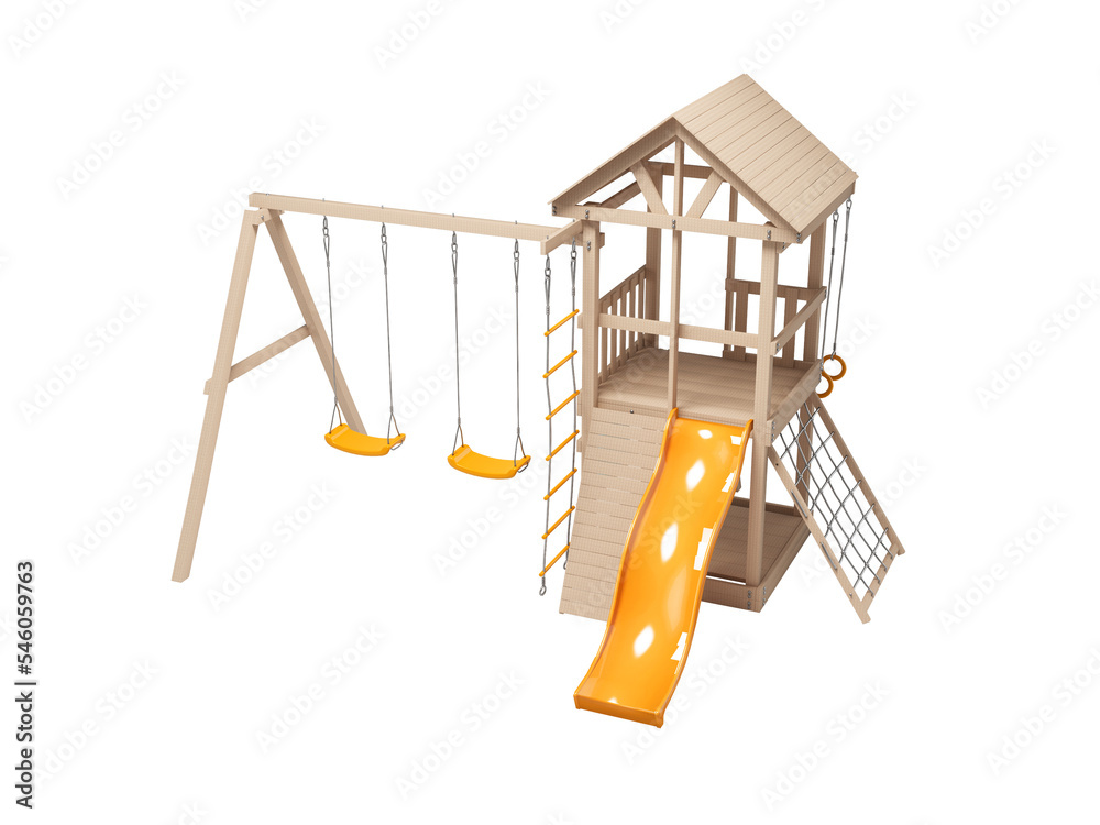 3D illustration of wooden playground with swing and slide for games on white background no shadow 3D illustration of wooden playground with swing and slide for games on white background no shadow