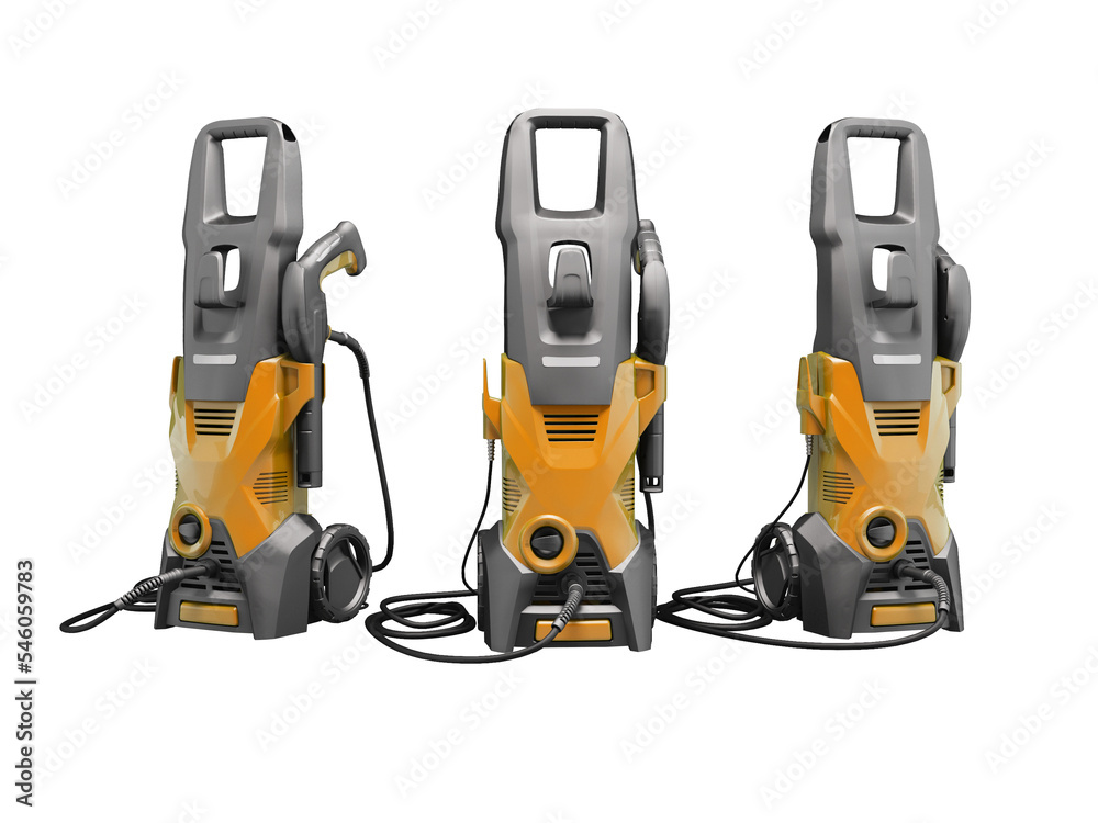 3d illustration orange group electric high pressure washer for washing cars on white background no shadow 3d illustration orange group electric high pressure washer for washing cars on white background no shadow